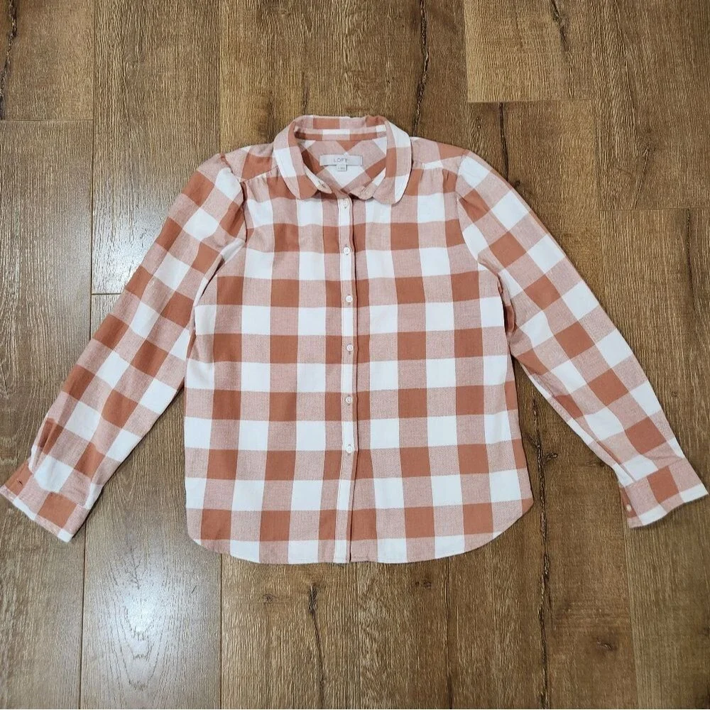 Loft Petite Flannel Plaid Round Collar Shirt sz small cottagecore prairiecore - Picture 3 of 11